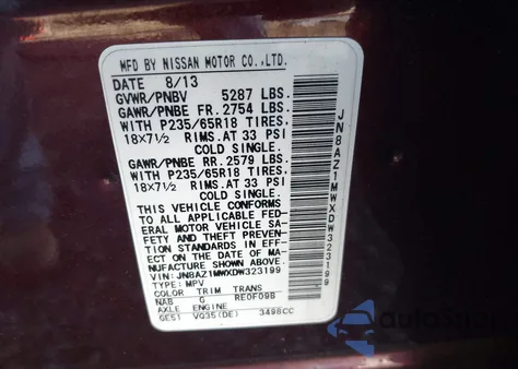 2013 Nissan Murano S z USA, uszkodzony, nr VIN JN8AZ1MWXDW323199